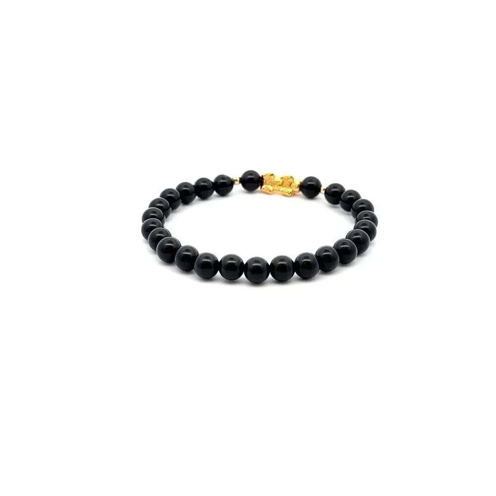 18K Gold Dragon Pixiu Piyao Lucky Charm Beads Bracelet Gemstones Onyx 6mm Size 6 - Picture 4 of 5